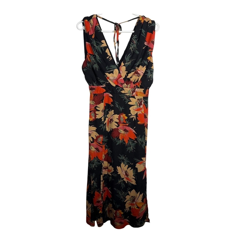 Red Queen Tropical Floral V-Neck Midi Dress Black Orange Sleeveless L